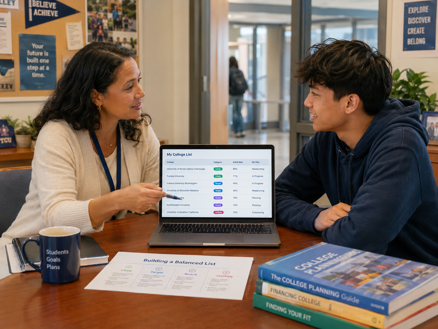 High school counselor reviewing a student's college list together at a table